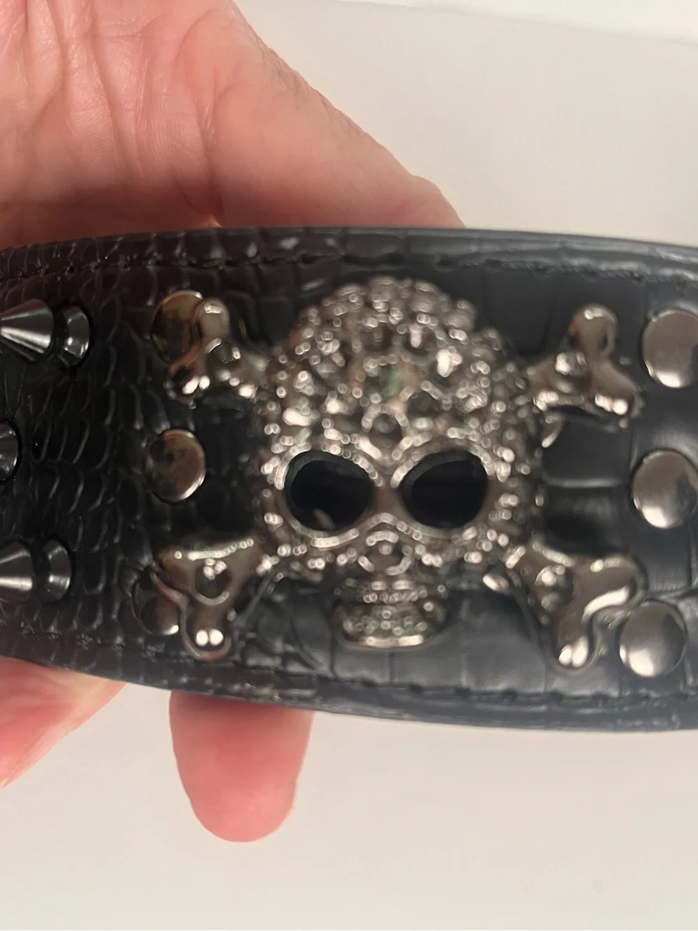 Skull Crossbones Spiked Studded Dog Collar Goth Punk Black Halloween 19-22” NWOT